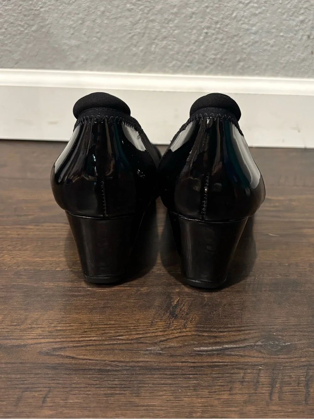 Anne Klein Sport Black Wedge Pumps with Patent Toe and Buckle